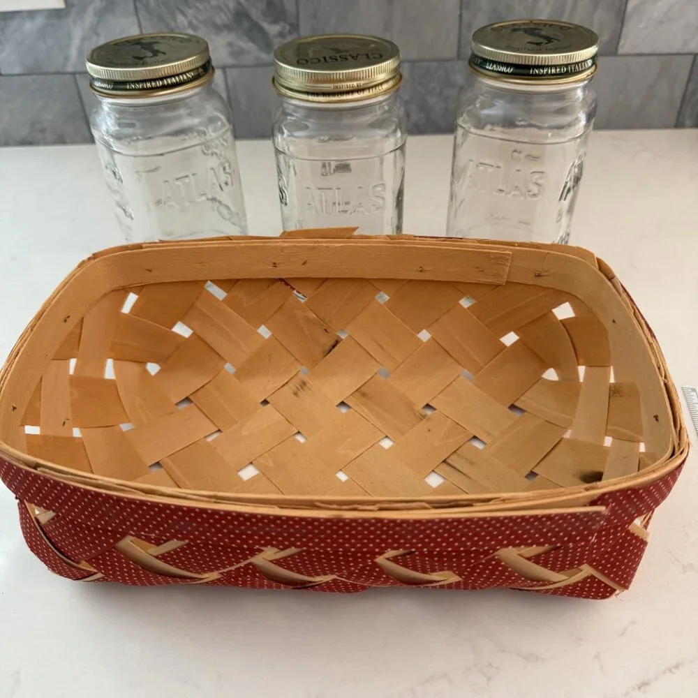 Vtg Farmhouse Split Slat Wood Woven Red Ribbon Basket w 20 oz Atlas Mason Jars